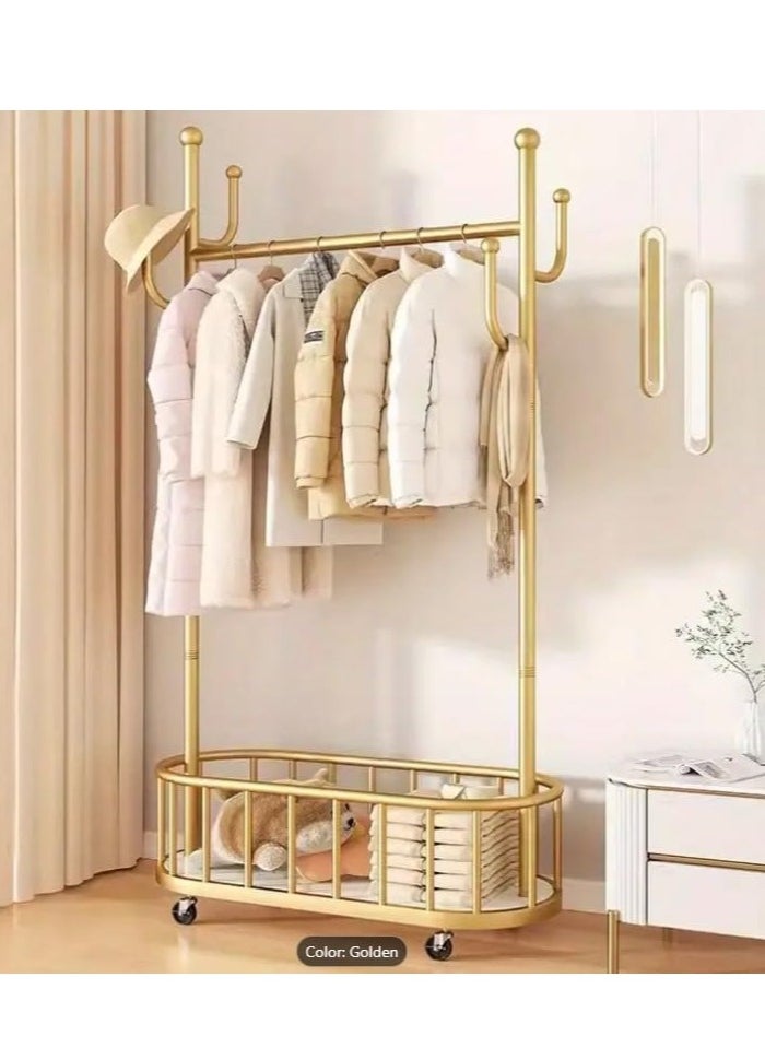 Storage shelf Stand with Clothes Rail and Rolling Coat Rack With Storage Shelf, Hanging Clothes Stand With Hooks For Hats, Drying Rack, Household Space Saving Storage Organizer For Bedroom,. (GOLD)