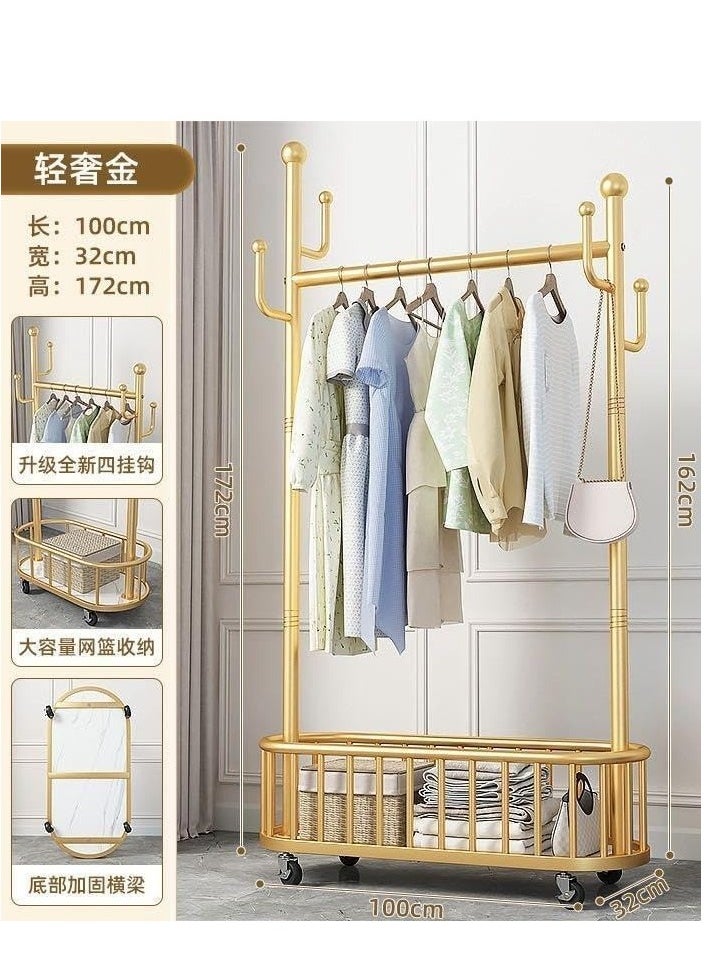 Storage shelf Stand with Clothes Rail and Rolling Coat Rack With Storage Shelf, Hanging Clothes Stand With Hooks For Hats, Drying Rack, Household Space Saving Storage Organizer For Bedroom,. (GOLD)