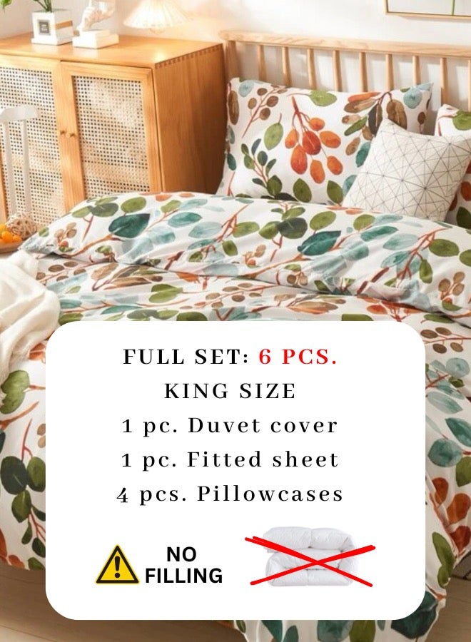 King Size Bedding Set Without Filler,Green Color Leaves Design