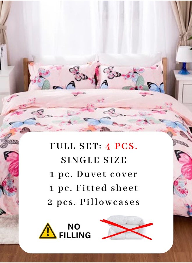 Single size 4-piece duvet cover set featuring a charming pink butterfly design.