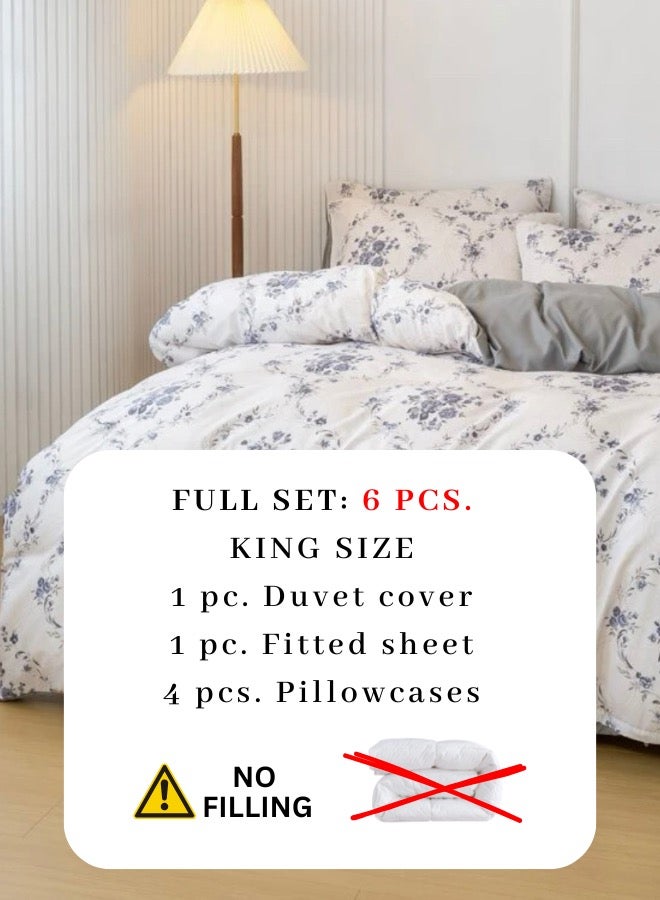 6 Piece King Size Bedding Set without filler Bohemian with Blue Flowers Design.