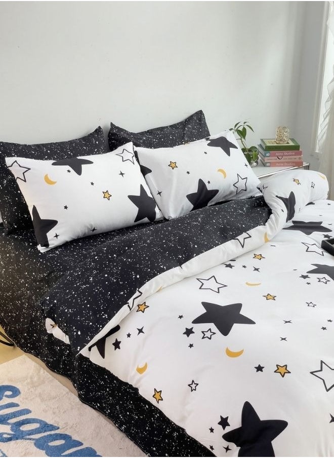 Single Size 4 piece Reversible Duvet Cover Set, Blue Stars Design with Navy Blue Bedsheet Color