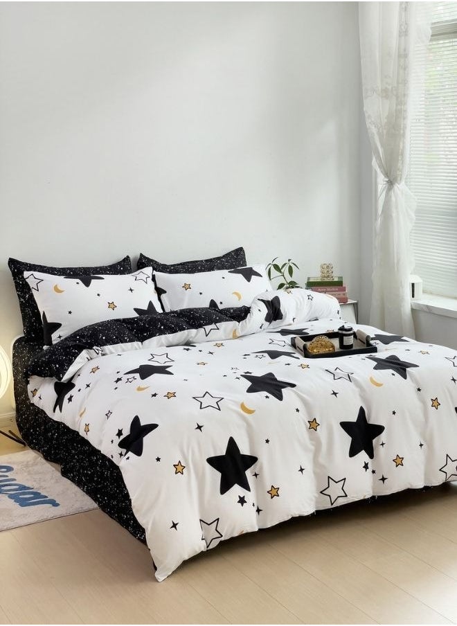 Single Size 4 piece Reversible Duvet Cover Set, Blue Stars Design with Navy Blue Bedsheet Color