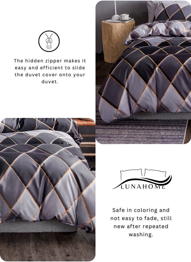 King Size 6 Piece Diamond Pattern Duvet Cover Set Black And Gray Bedding Set.