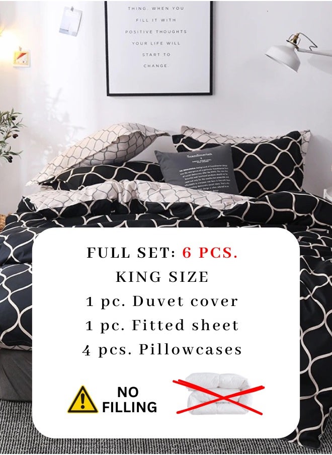 King Size 6 Piece Geometric Pattern Duvet Cover Set Black color Bedding Set.