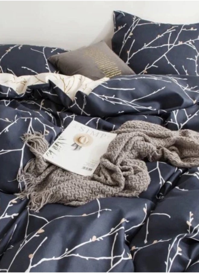 Single size 4 piece Twigs Pattern Duvet Cover Set Blue & Cream Bedding Set Reversible Style.