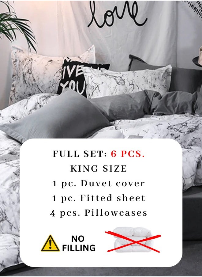 King-Size 6-Piece Marble Duvet Cover Set. Reversible Bedding Ensemble in Grey and White.