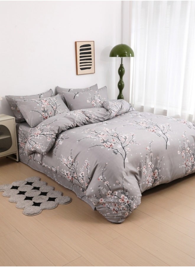King Size 6 Piece Duvet Cover Set Grey Plum Blossom Bedding Set.