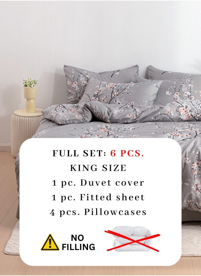 King Size 6 Piece Duvet Cover Set Grey Plum Blossom Bedding Set.