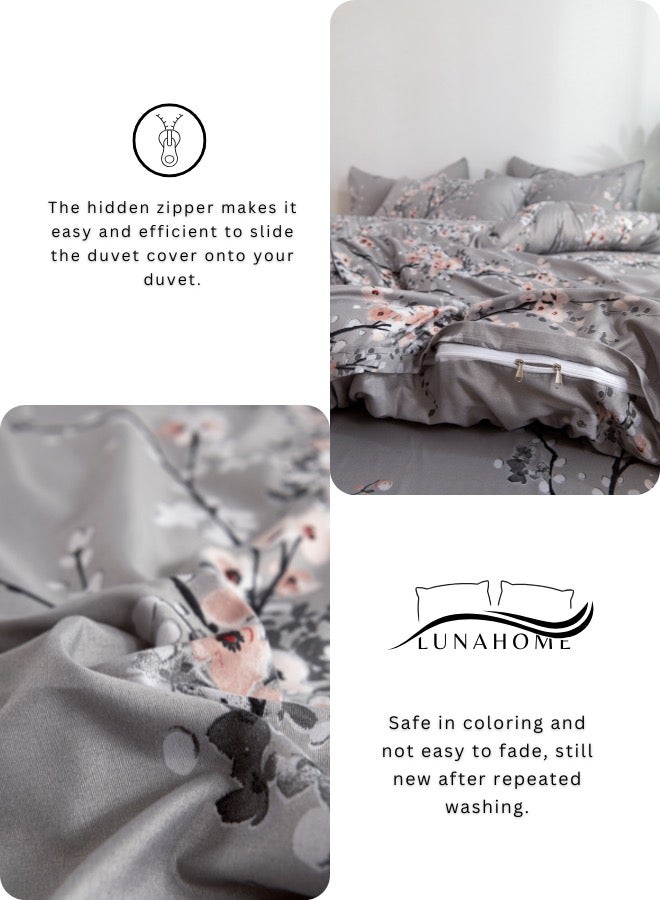 King Size 6 Piece Duvet Cover Set Grey Plum Blossom Bedding Set.