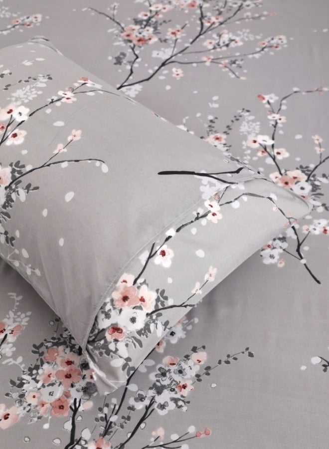 King Size 6 Piece Duvet Cover Set Grey Plum Blossom Bedding Set.