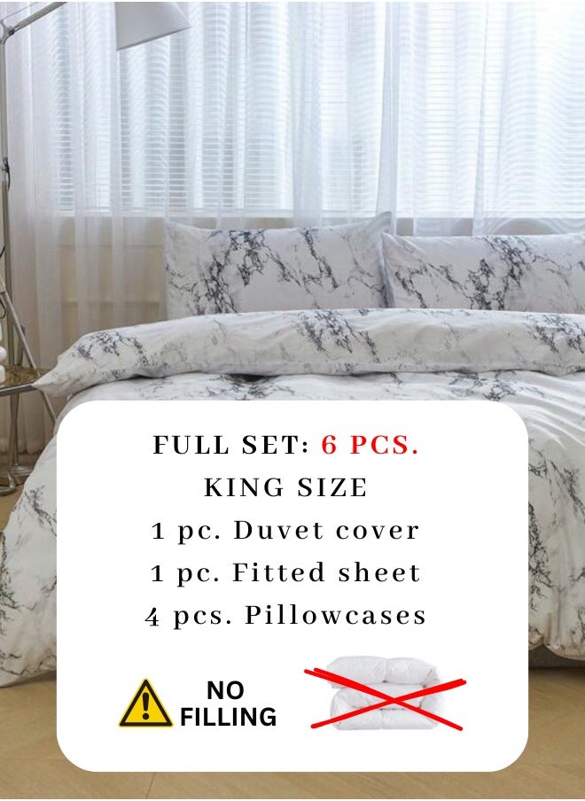 King-Size 6-Piece Duvet Cover Bedding Set featuring a White and Grey Marble Design.