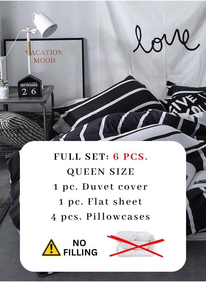 6 Piece Striped Queen Size Duvet Cover Set. Black and White Reversible Bedding Set.