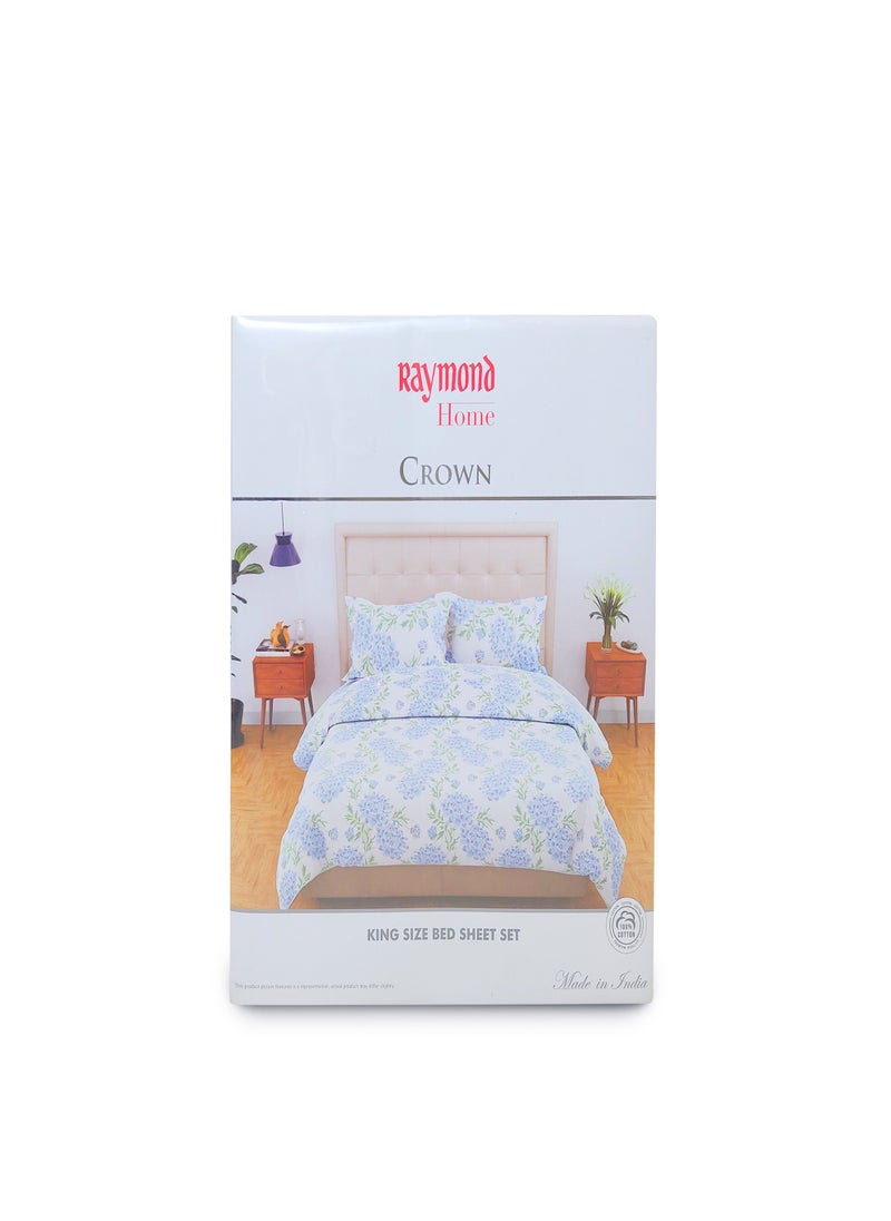 Raymond Home King Flat Sheet Bedsheet 200 Thread Count Luxirious 100% Long Staple Cotton Bedding Printed Sateen Percale Bed Linen with 2 Pillow Case - Blue (274 * 274 CM)