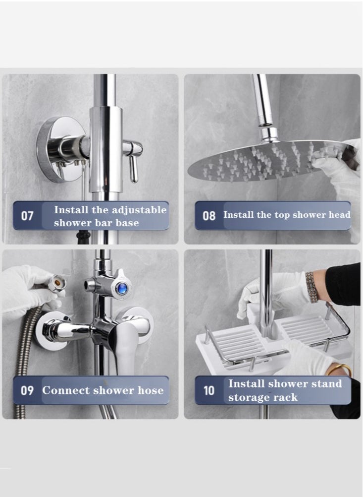 1-Set Stainless Steel Shower Holder Set 3 Settings Adjustment Rainfall Shower Head Handheld Shower Combo Height Adjustable Silver