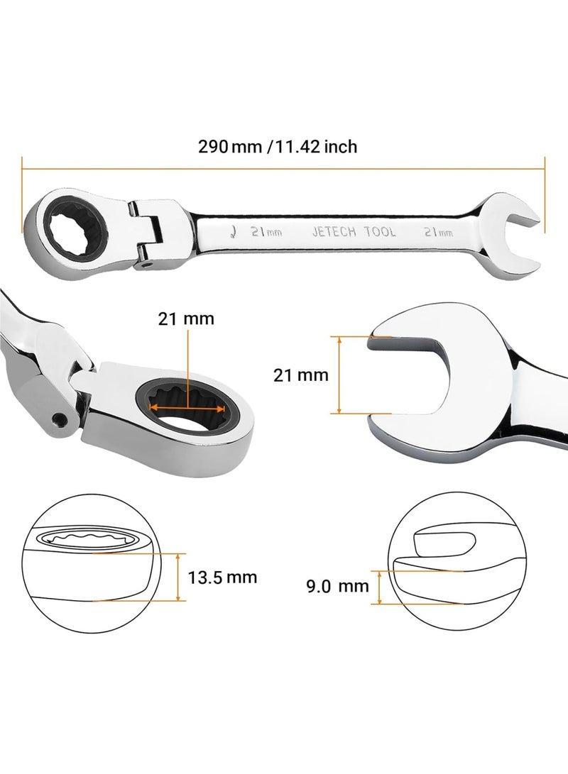 Jetech 21mm Flexible Head Ratchet Combination Wrench, Industrial Grade Flex Ratcheting Spanner, Heat-Treated Cr-V Alloy Steel, 12 Point Ratchet Box Ended and Open End Spanner, Flex-Head Gear Wrench Silver