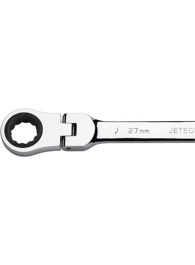 Jetech 27mm Flexible Head Ratchet Combination Wrench, Industrial Grade Flex Ratcheting Spanner, Heat-Treated Cr-V Alloy Steel, 12 Point Ratchet Box Ended and Open End Spanner, Flex-Head Gear Wrench Silver