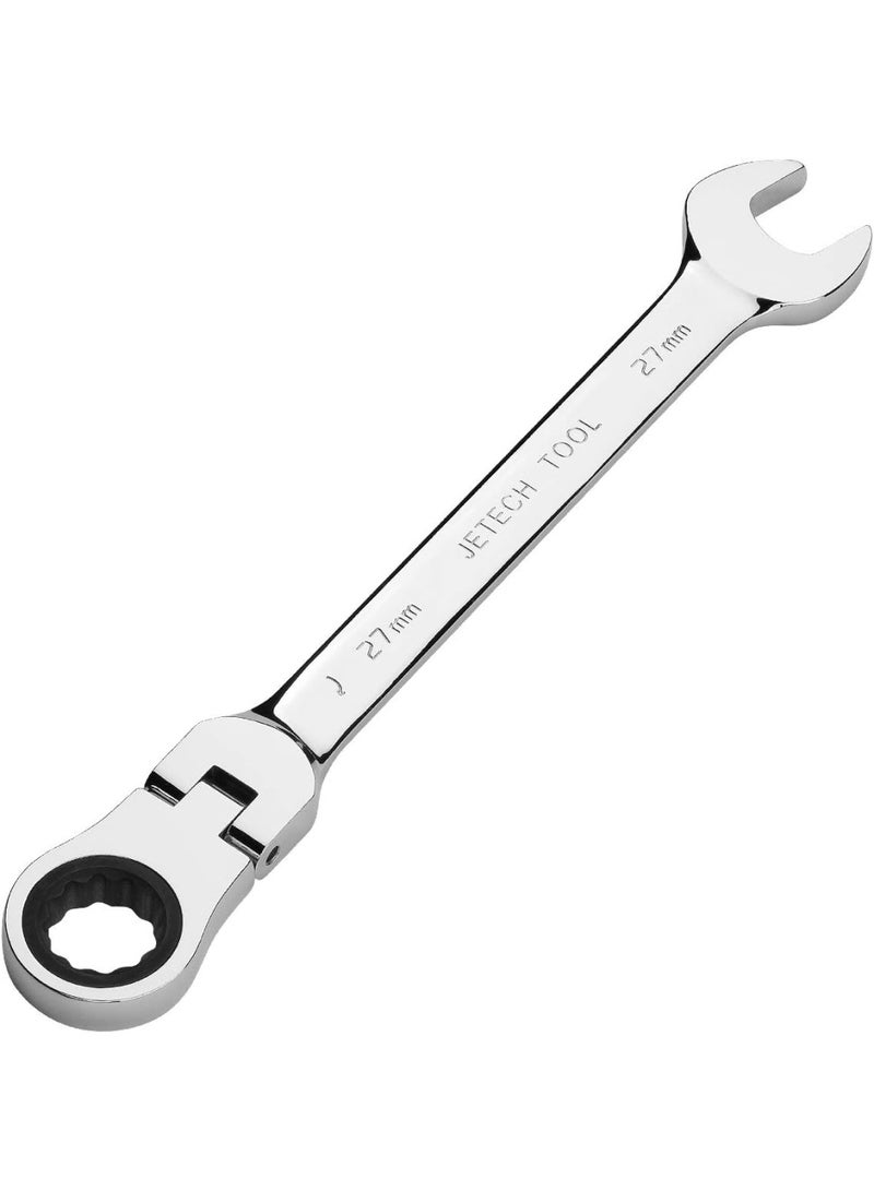 Jetech 27mm Flexible Head Ratchet Combination Wrench, Industrial Grade Flex Ratcheting Spanner, Heat-Treated Cr-V Alloy Steel, 12 Point Ratchet Box Ended and Open End Spanner, Flex-Head Gear Wrench Silver