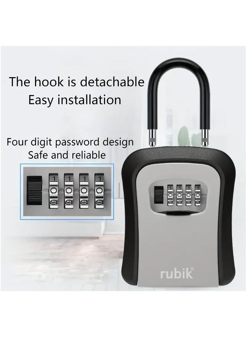 Padlock Key Storage Safe Box with 4 Digits Combination Lock & Removable Shackle for Home Office Shop Warehouse Garage Door Handle Hang - Black/Grey