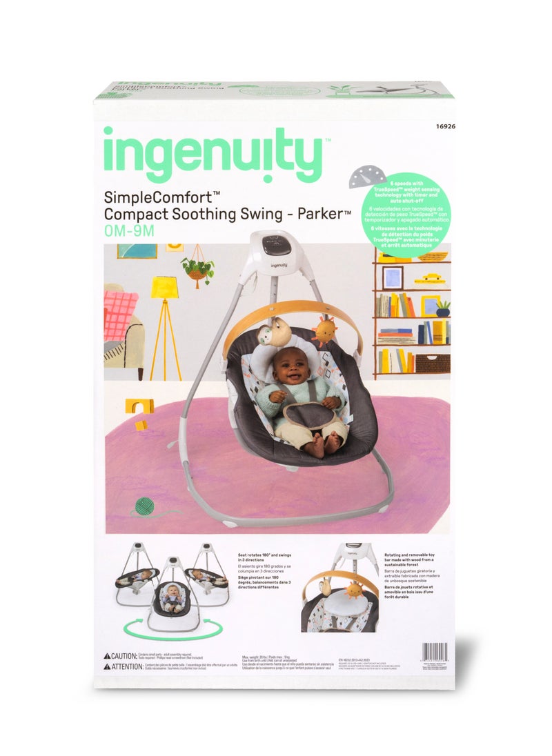 Simple Comfort Compact Soothing Swing With USB Cord, Safety Harness, 2 Featuring Toys And Sounds, 0 - 9 Months, Parker