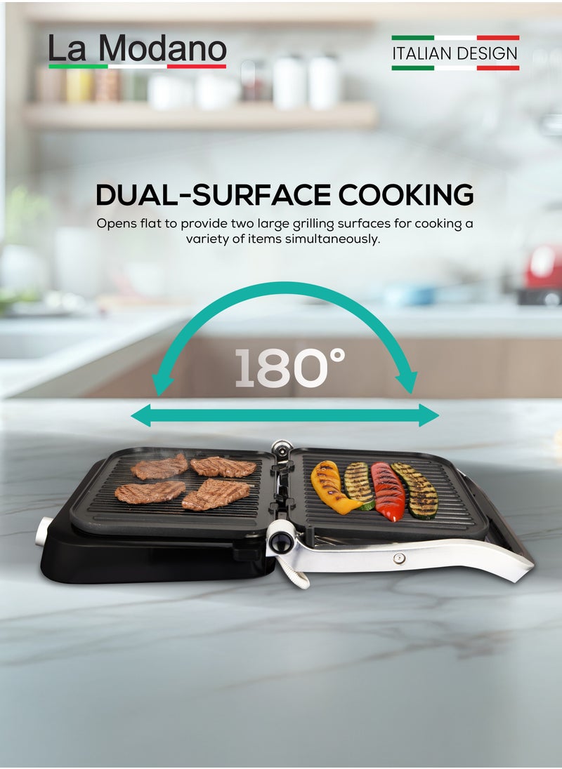 La Modano BBQ Grill with 180° Open Flat Design, 7 Modes, Adjustable Temperatures, and Easy Cleaning - Your Ultimate Culinary Companion - LMCG5000 Silver