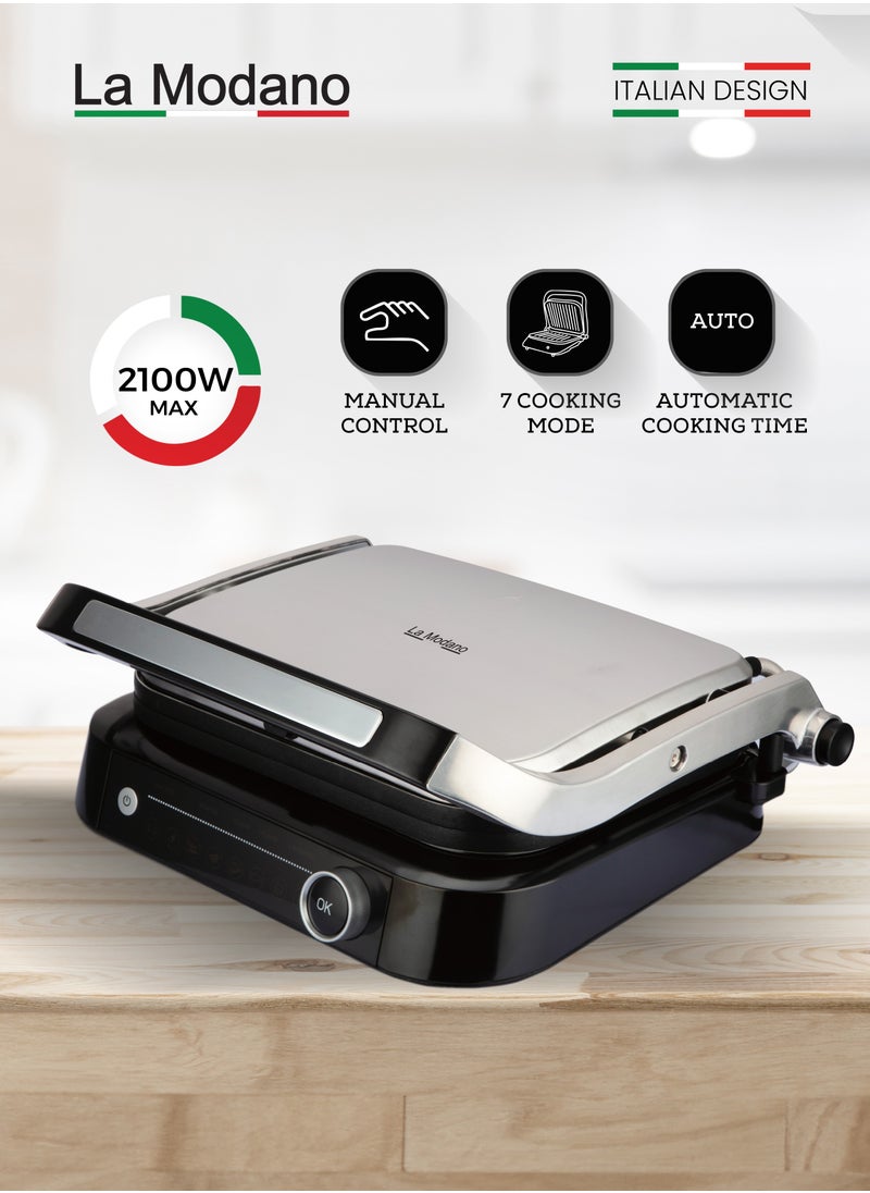 La Modano BBQ Grill with 180° Open Flat Design, 7 Modes, Adjustable Temperatures, and Easy Cleaning - Your Ultimate Culinary Companion - LMCG5000 Silver