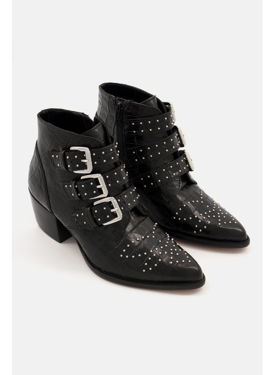 Women Bennevis Buckle Leather Ankle Boots, Black
