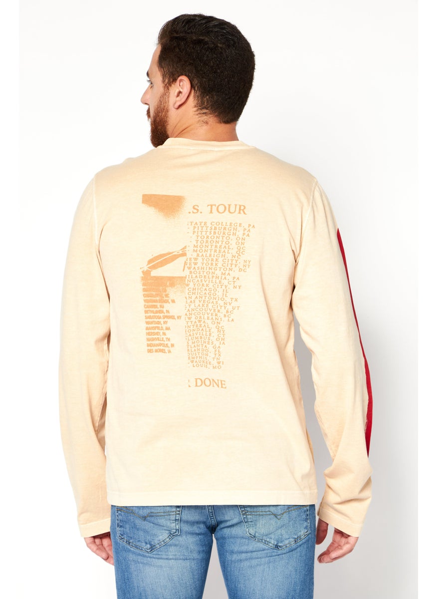 Men Crew Neck Long Sleeves Graphic Print T-Shirt, Beige