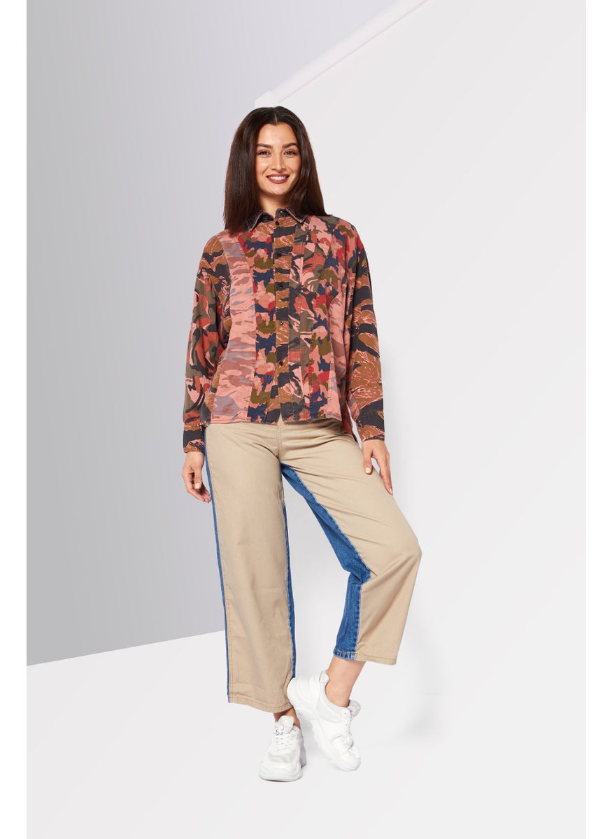 Women Pointed Collar Long Sleeve Camo Shirt, Red