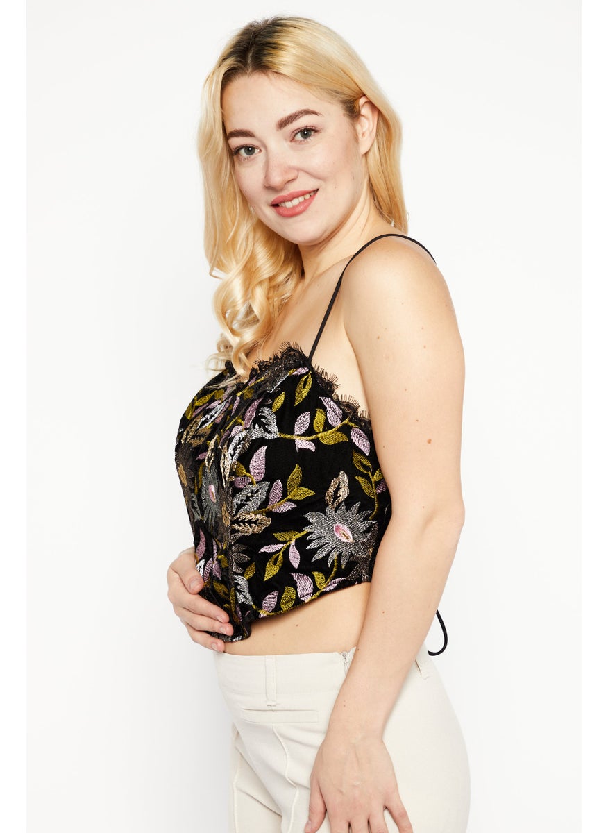 Women Sweetheart Sleeveless Embroidered Corset Top, Black