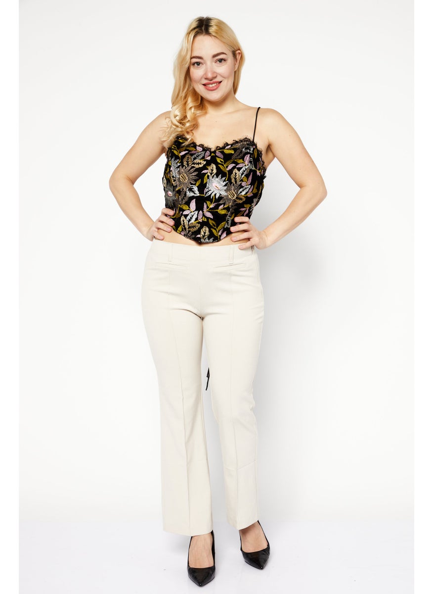 Women Sweetheart Sleeveless Embroidered Corset Top, Black