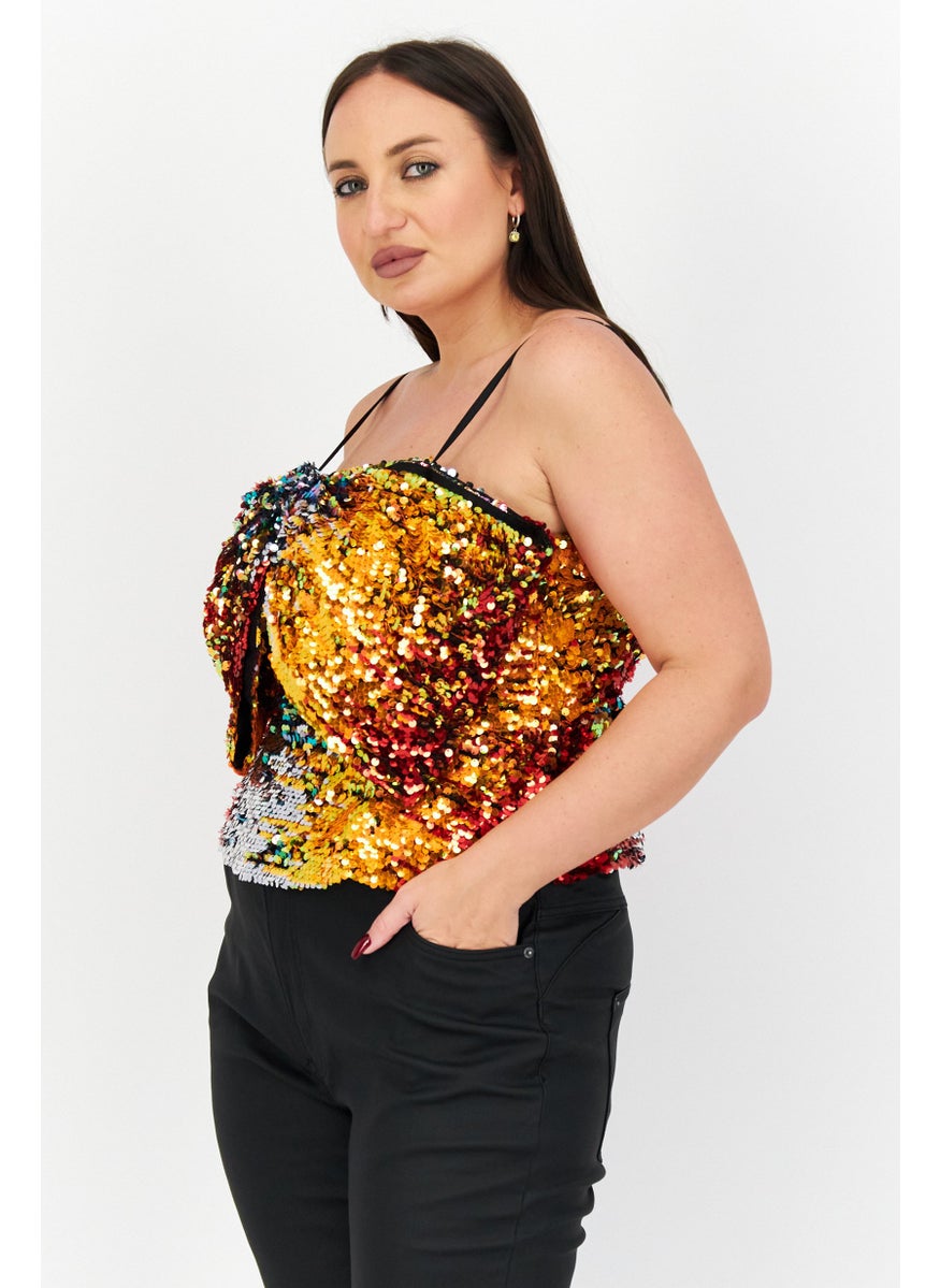 Women Square Neck Sleeveless Embellished Detail Crop Top, Orange Combo