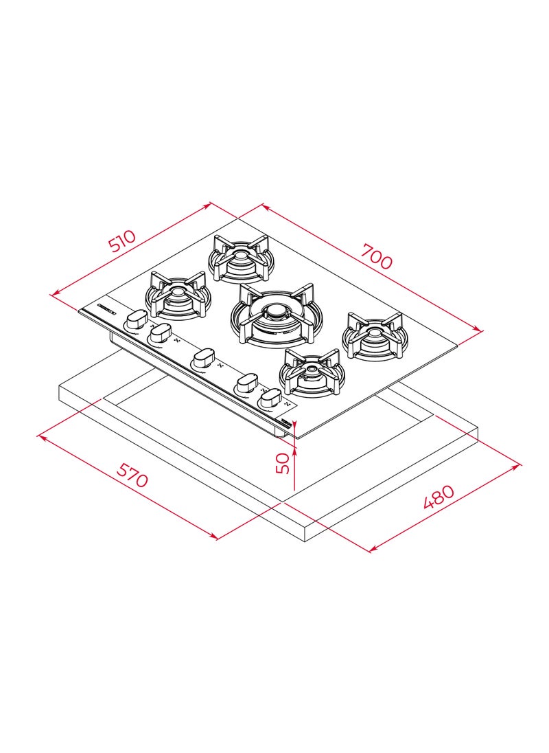 Built-in Gas on Glass Hob 5 Burners W/ Cast Iron Grids GBC 75 Special Infinity G1 Edition