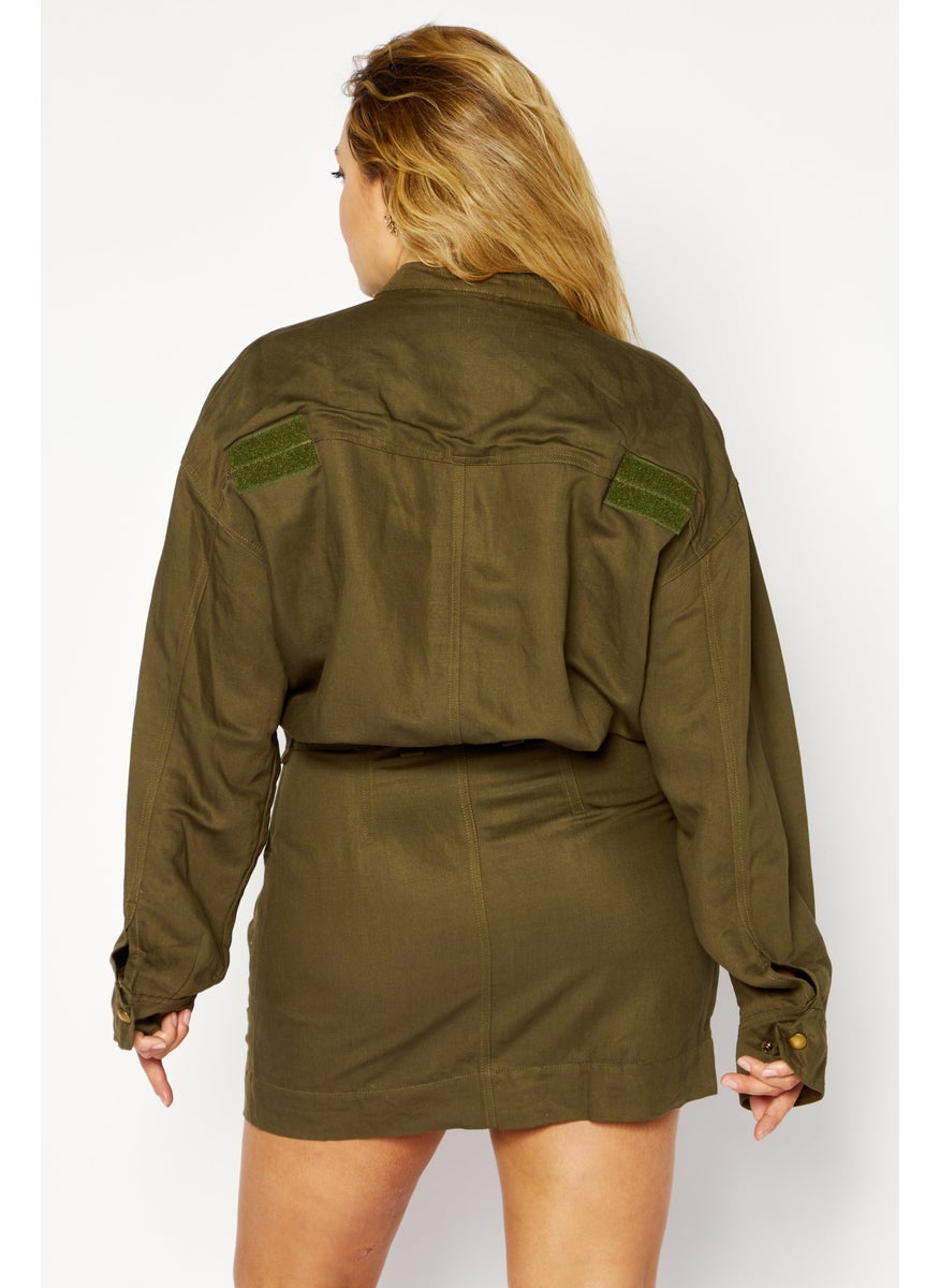 Women Solid Shirt Dress, Olive