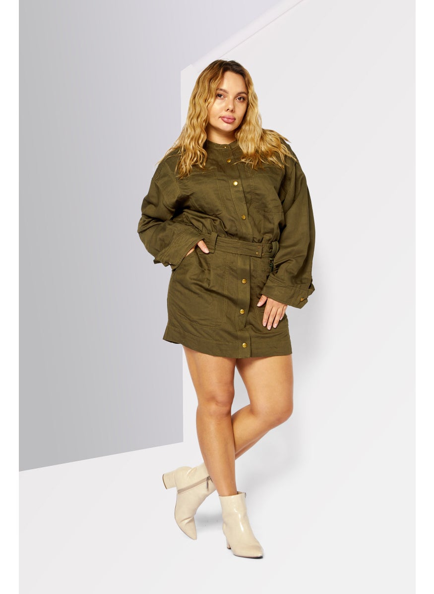 Women Solid Shirt Dress, Olive