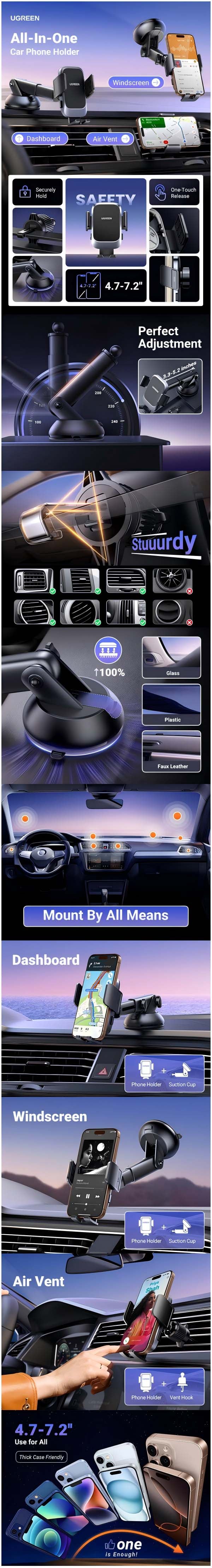 2024-Gen Upgraded 2 In 1 Car Phone Holder For Dashboard/Windshield/Air Vent Car Mount Ultra Stable Car Mobile Holder With Strong Suction Cup Car Stand Fit iPhone 16/15 Series, Galaxy S24 S23, Xiaomi Black