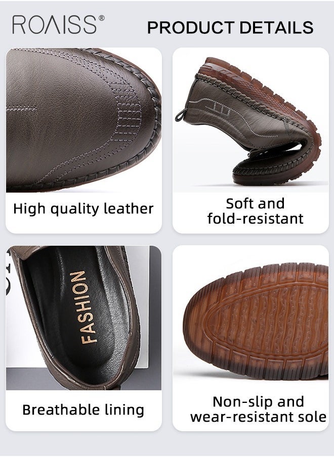 Casual Slip-On Flat Shoes for Men Round Toe Low Top Stitch Decor Soft Sole Business Leather Shoes Mens Wear Resistant Anti Slip Breathable Comfort Outdoor Walking Shoes