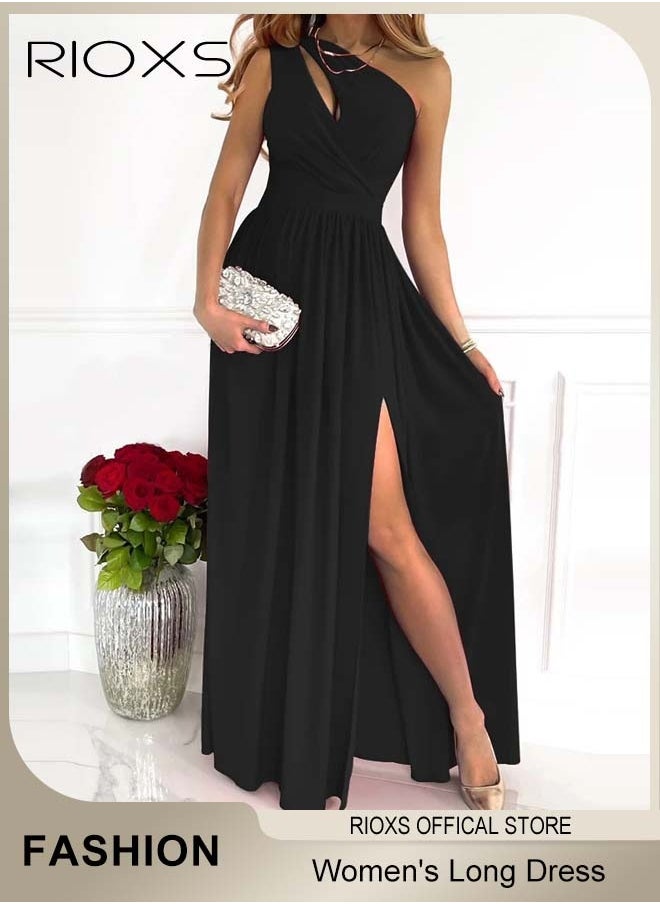 Women's Elegant Evening Dress, One Side Shoulder Sleeveless Split High Waist Bodycon Long Dress, Wedding Guest Dress, Ladies High Slit Dresses For Formal Business Party