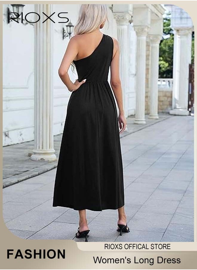 Women's Elegant Evening Dress, One Side Shoulder Sleeveless Split High Waist Bodycon Long Dress, Wedding Guest Dress, Ladies High Slit Dresses For Formal Business Party