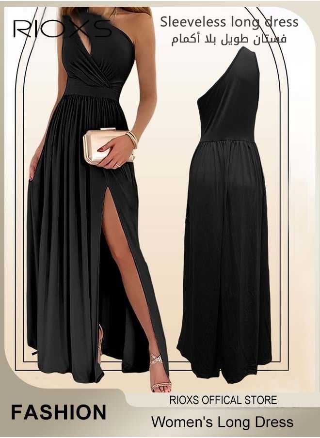 Women's Elegant Evening Dress, One Side Shoulder Sleeveless Split High Waist Bodycon Long Dress, Wedding Guest Dress, Ladies High Slit Dresses For Formal Business Party