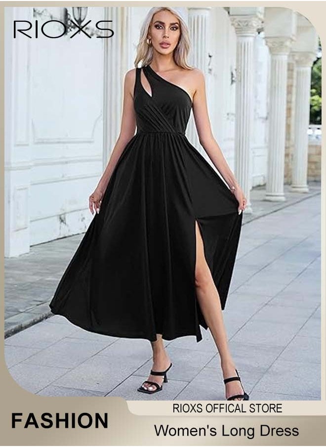 Women's Elegant Evening Dress, One Side Shoulder Sleeveless Split High Waist Bodycon Long Dress, Wedding Guest Dress, Ladies High Slit Dresses For Formal Business Party