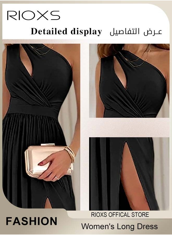 Women's Elegant Evening Dress, One Side Shoulder Sleeveless Split High Waist Bodycon Long Dress, Wedding Guest Dress, Ladies High Slit Dresses For Formal Business Party