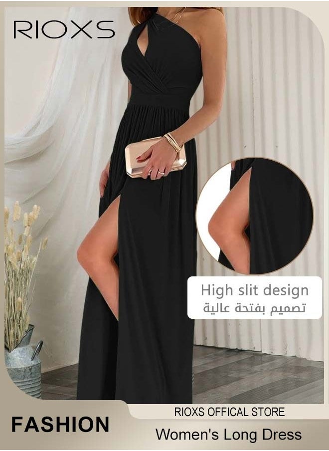 Women's Elegant Evening Dress, One Side Shoulder Sleeveless Split High Waist Bodycon Long Dress, Wedding Guest Dress, Ladies High Slit Dresses For Formal Business Party