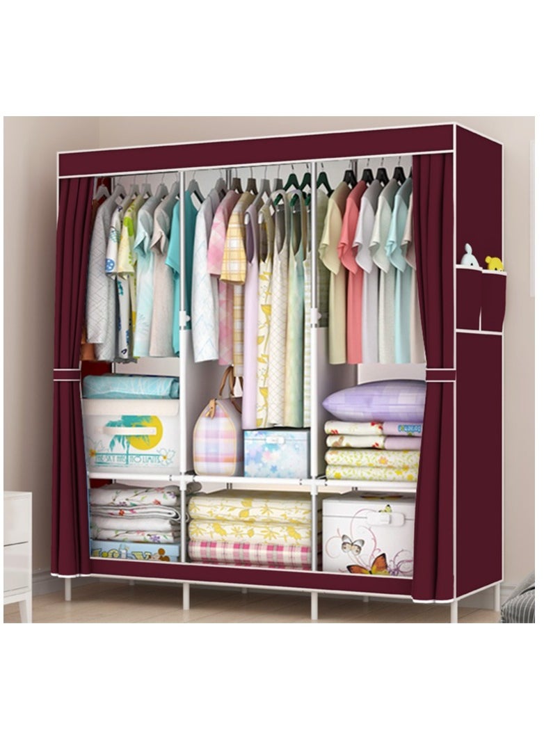 Wardrobe Storage Closet,Fabric Clothes Organizer With Side Pockets,Zipper And Hanging Rail,Foldable Non-Woven Textile Storage Clothing Rack,Red