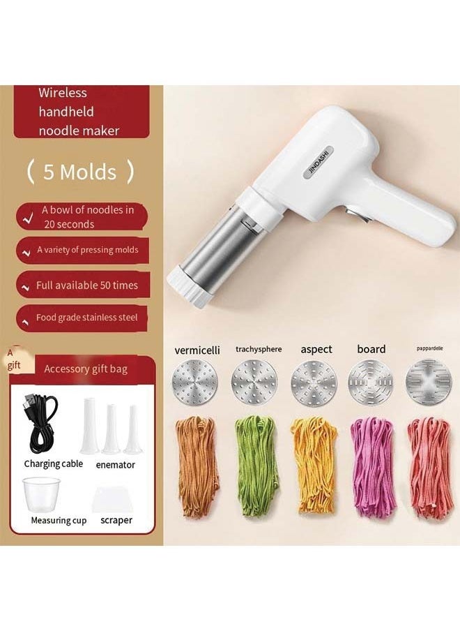 Handheld Electric Pasta Maker, 5-in-1 Cordless Pasta Maker Machine, Portable Noodle Maker with Dough Cutter, Automatic Noodle Press Machine, Homemade Spaghetti Maker-White