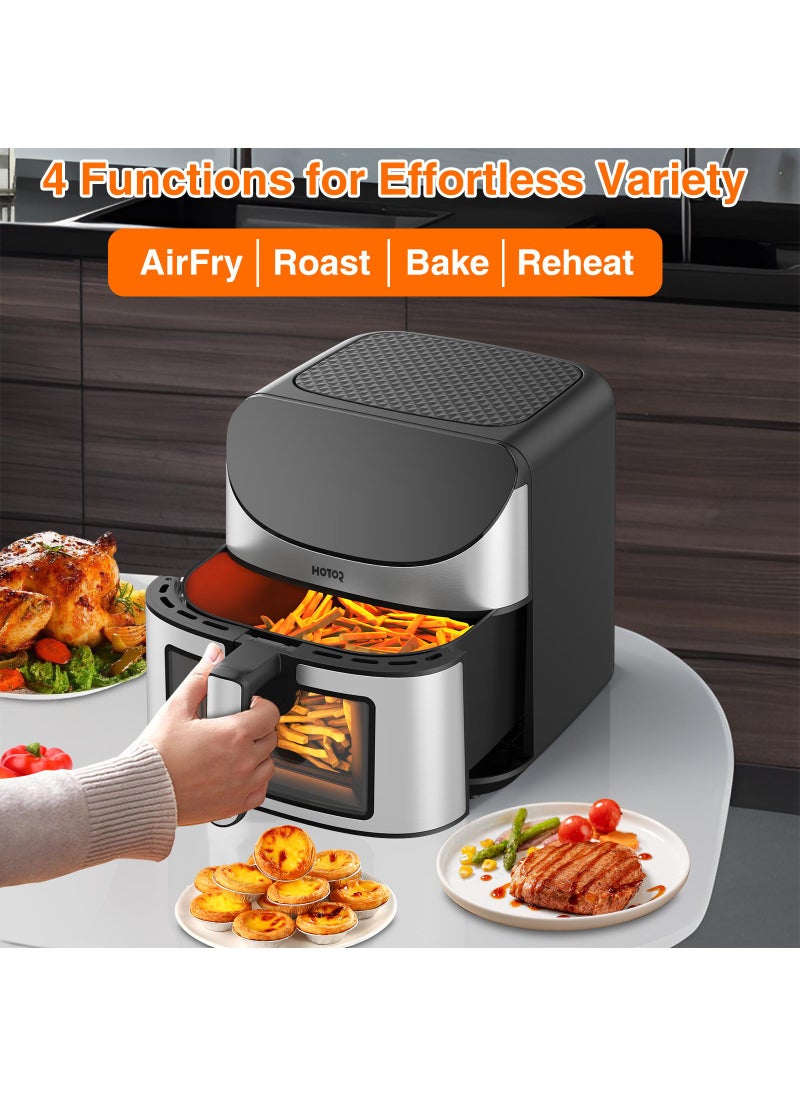 Air Fryer with 8L Capacity, Rapid Air Convection Technology, Digital Temperature Control, with Clear Window and Light (Silver)