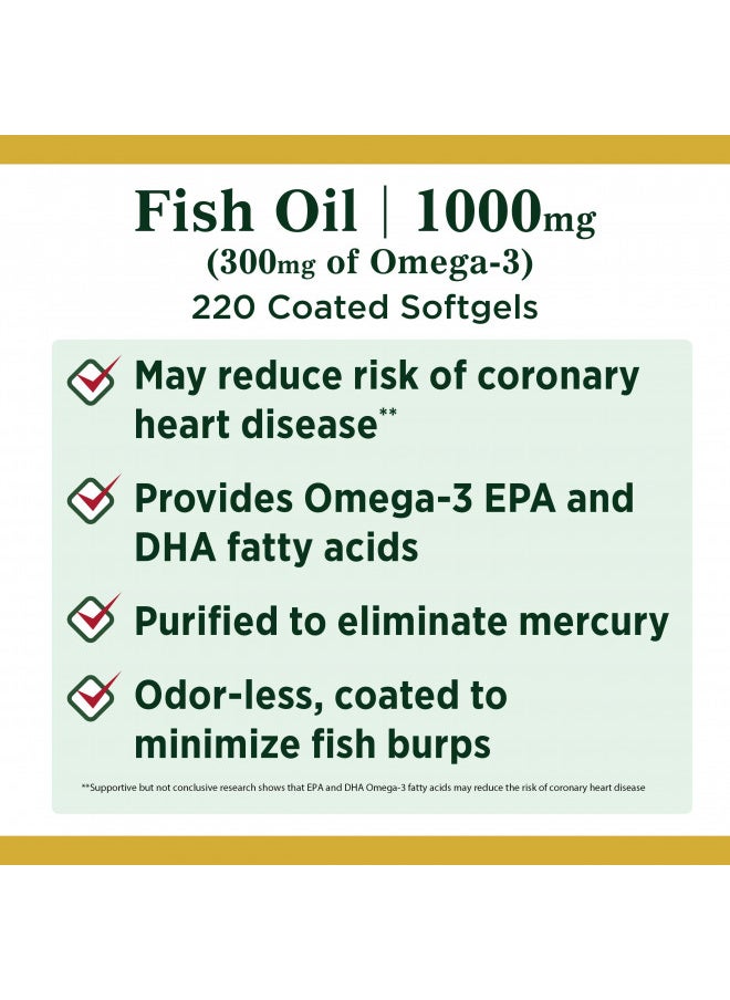 Nature's Bounty Fish Oil, Dietary Supplement, Omega 3, Supports Heart Health, 1000 Mg, 220 Coated Softgels