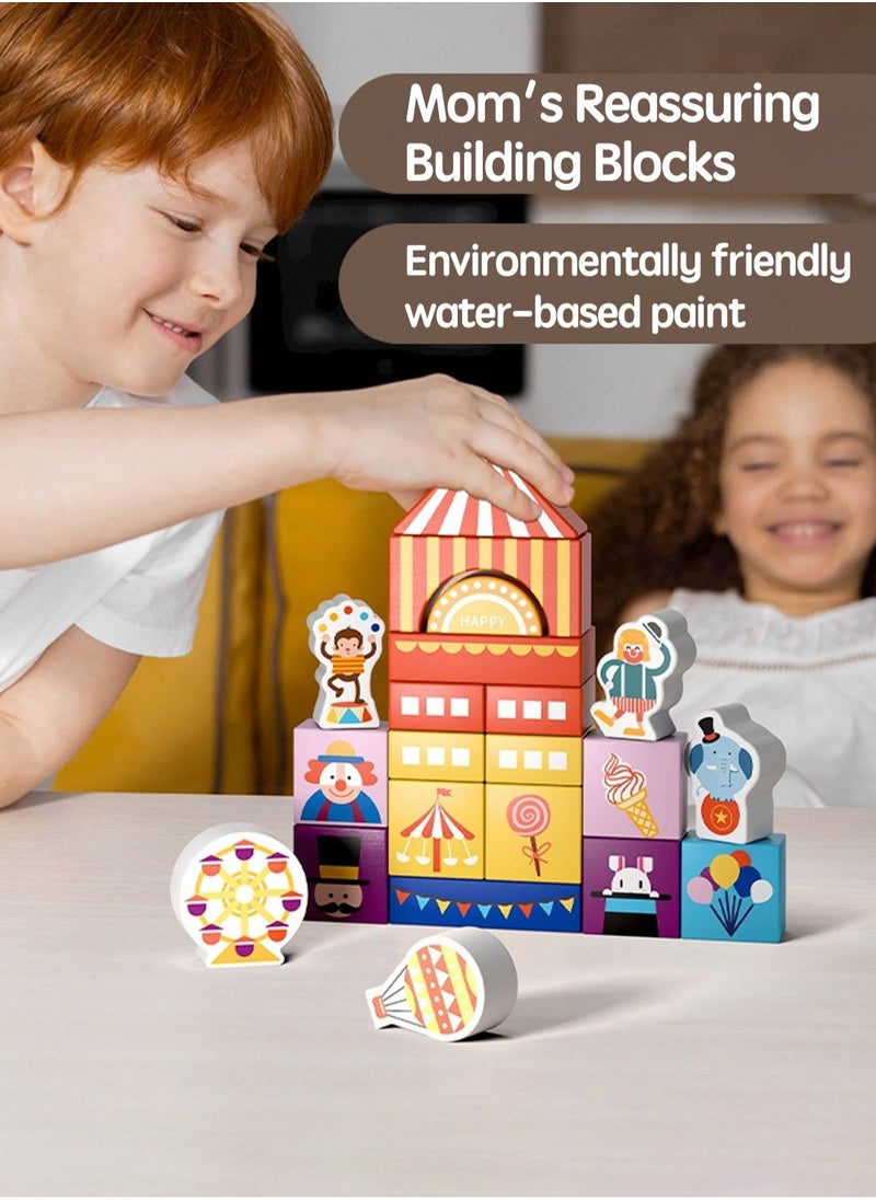 Wooden building block toy set, consisting of 122pcs of colorful urban architecture and animal themed stacked toys, suitable for preschool education toys for boys and girls