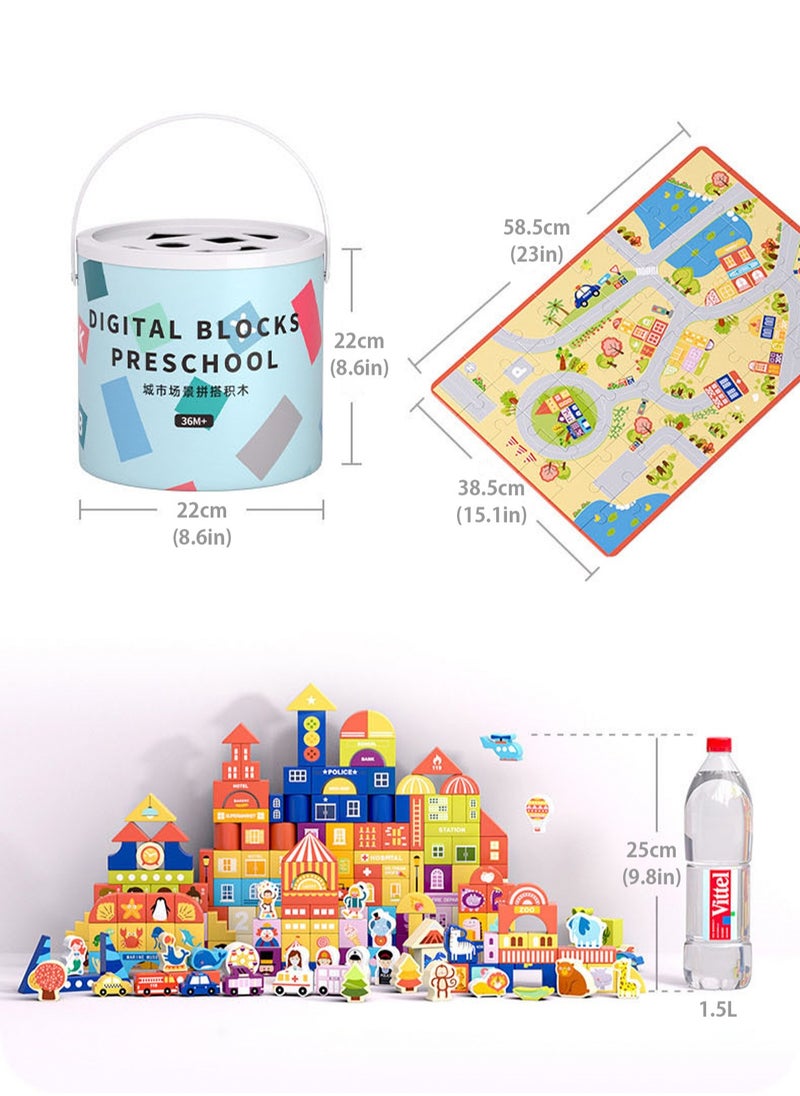 Wooden building block toy set, consisting of 122pcs of colorful urban architecture and animal themed stacked toys, suitable for preschool education toys for boys and girls