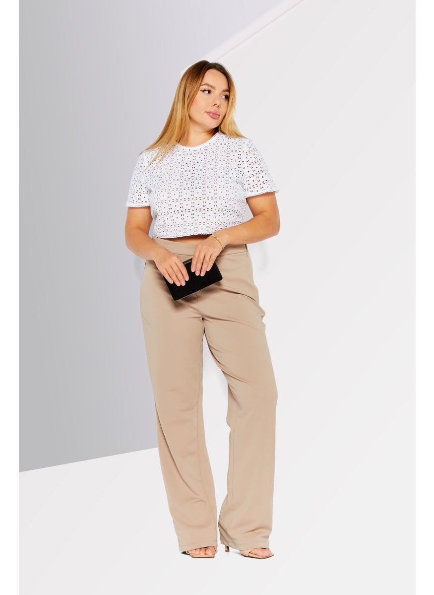 Women Round Neck Cap Sleeves Textured Eyelet Top, White